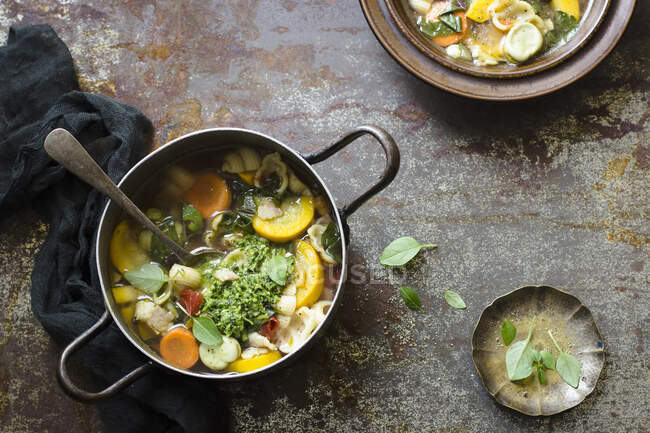 Летний минестронский суп с тыквой, морковью, помидорами, базиликовым песто, широкими фасолью и макаронами — стоковое фото