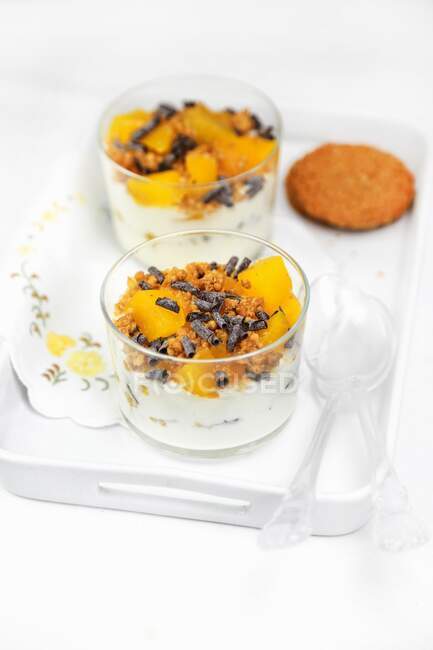 Cremiger Joghurt mit Müsli, Pfirsichkonserven und Schokoladenbrötchen — Stockfoto