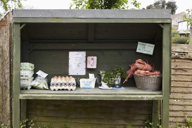 Vassoi di uova fresche di gallina in un piccolo stand di vendita self-service nel paese — Foto stock