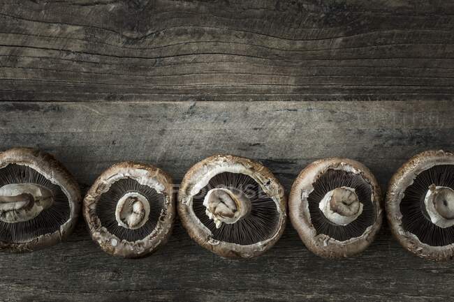 Fila de cogumelos portobello em uma superfície de madeira — Fotografia de Stock