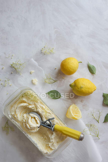 Lemon and elderflower ice cream with an ice cream scoop — Stock Photo