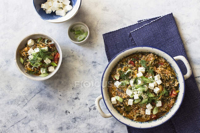 Греческое блюдо из риса со шпинатом, помидорами и фета — стоковое фото