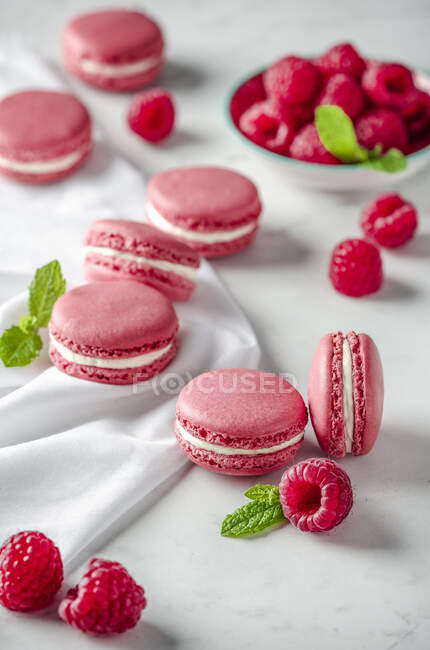 Pink macarons with raspberries and mint leaves — Stock Photo