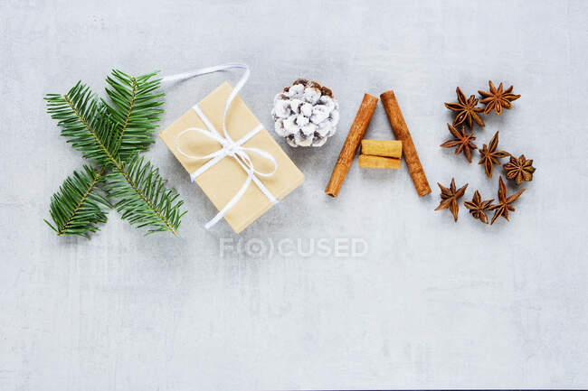 Composición navideña con caja de regalo, canela, estrella de anís, cono de pino y ramas de abeto - foto de stock