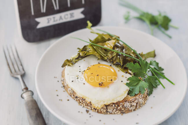 Gebratenes Ei mit Gemüse auf Scheibe Brot — Stockfoto
