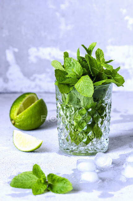 Minze in Kristallglas und Limette für Cocktails auf grauem Hintergrund — Stockfoto