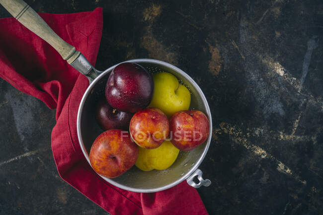 Colorful fresh plums in metal vintage sieve — Stock Photo