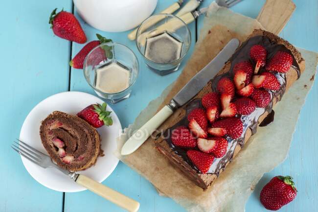Chocolate Swiss roll with fresh strawberries — Stock Photo