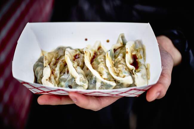 Dumplings em uma caixa de papelão takeaway — Fotografia de Stock