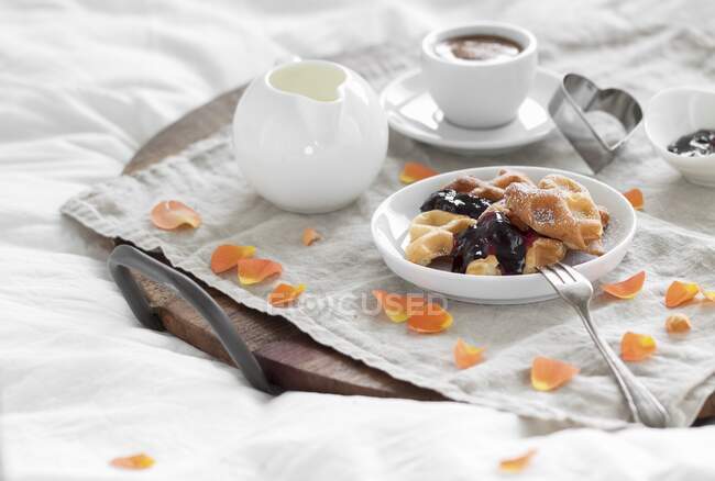 Quark waffles with jam and icing sugar on a breakfast tray — Stock Photo
