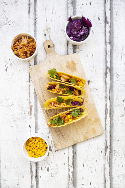 Vegetarische Jackfrucht-Tacos mit Zuckermais, Rotkohl und Koriander — Stockfoto