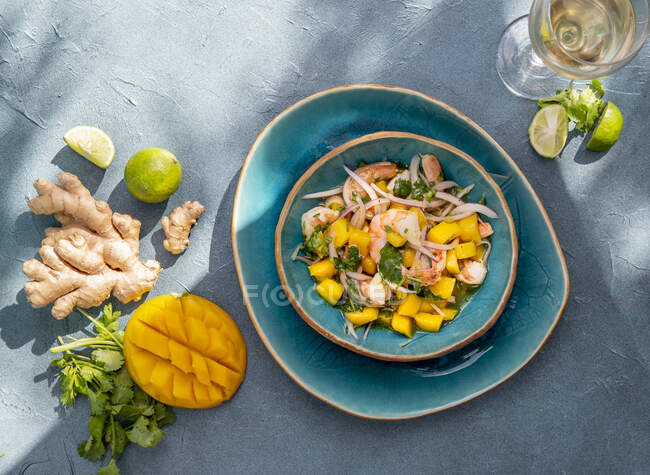 Thai-Garnelen-Mango-Salat mit Sitzsprossen und einer Ingwer-Limetten-Marinade — Stockfoto
