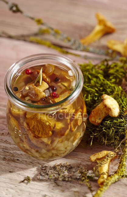 Chanterelle mushrooms picked in vinegar with garlic, herbs and spices — Stock Photo