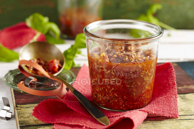 A jar of classic bolognese sauce — Stock Photo
