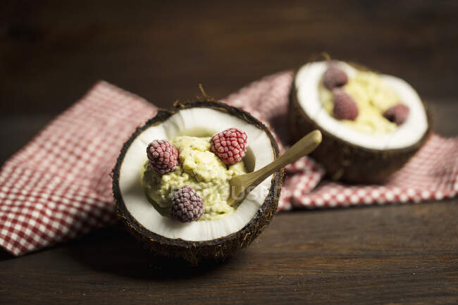 Chia and coconut ice cream with frozen raspberries in coconut bowls — Stock Photo