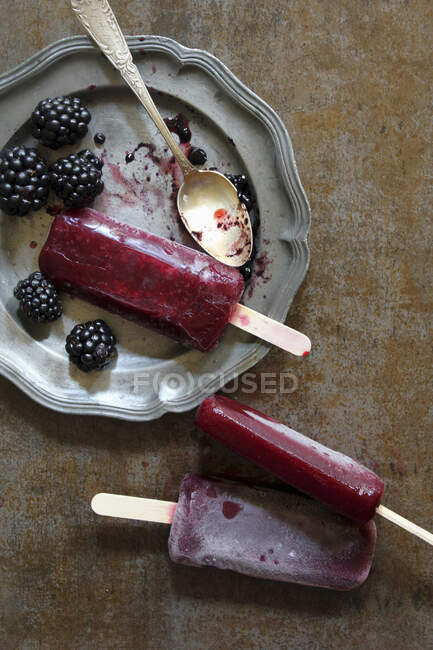 Blackberry sorbet ice lollies — Stock Photo