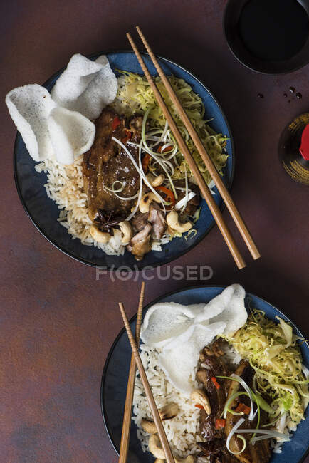Vientre de cerdo chino cocinado lentamente con cabaña china, arroz y galletas de langostino - foto de stock