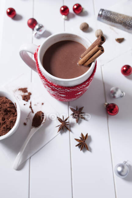 Hot chocolate with cinnamon sticks in a Christmas mug — Stock Photo