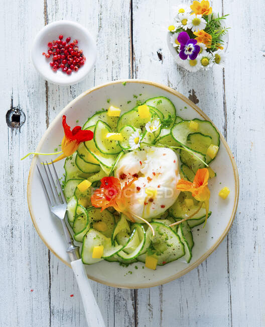 Salade de concombre aux fleurs de burrata et de nasturtium — Photo de stock