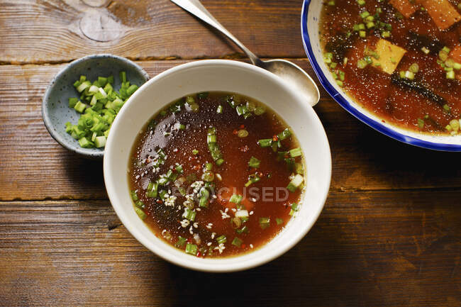 Японський суп з тофу, водні водорості, весняна цибуля і перцеві пластівці. — стокове фото