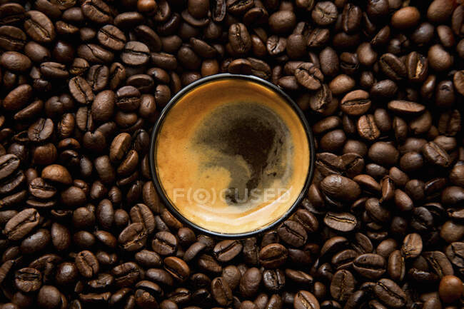 Еспресо серед кавових зерен, нагляд. — стокове фото