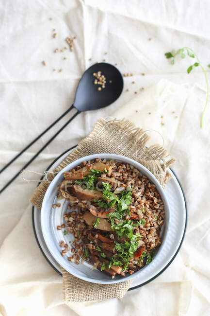 Mushrooms with Buckwheat on Plate — Stock Photo