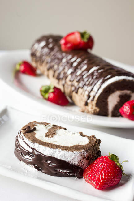 Chocolate roulade cake with chocolate drizzle and fresh powdered sugar — Stock Photo