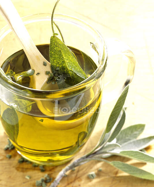 Olio di condimento fatto in casa con salvia fresca e olio d'oliva — Foto stock