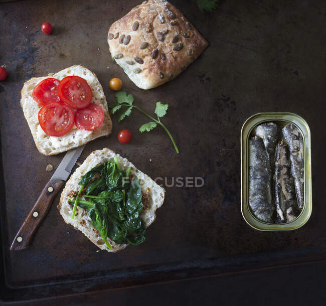 Primer plano de delicioso preparado sándwich listo para sardinas - foto de stock