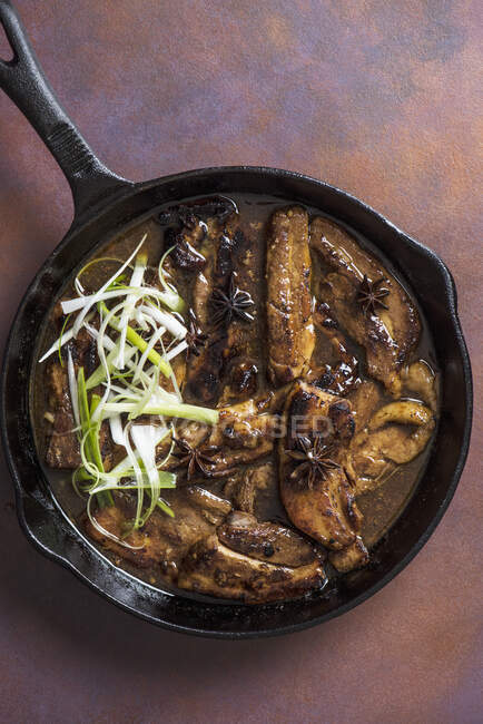 Slow cooked chineese pork belly slices with honey, soy sauce, five spice and star anise sauce — Stock Photo