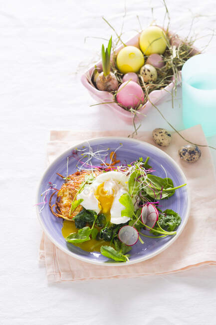 Hashbrowns com espinafre e medley de rabanete e ovo escalfado em cima — Fotografia de Stock