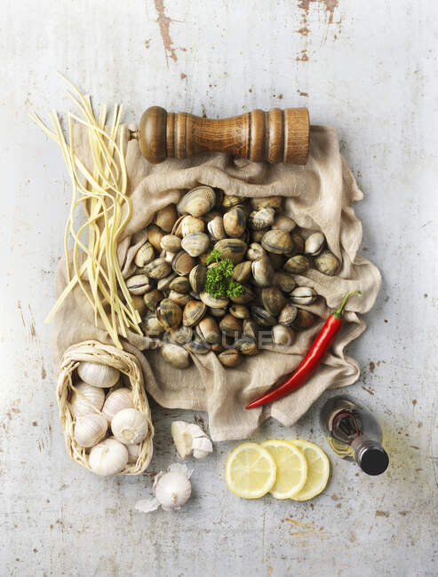 Close-up shot of delicious Ingredients for Spaghetti vongole — Stock Photo