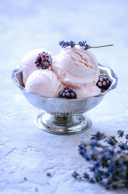 Pink ice cream balls in ice-cream bowls with blackberries and lavender — Stock Photo