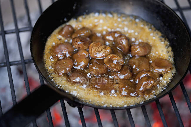 Faire rôtir les châtaignes dans une casserole sur les charbons — Photo de stock