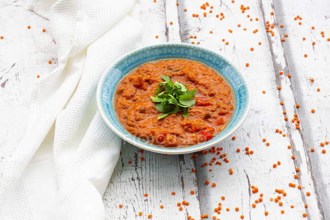 Indian dhal with red lentils garnished with coriander — Stock Photo