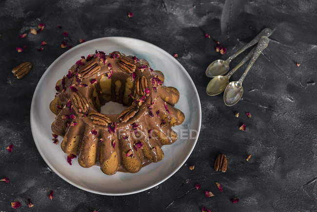 Chocolate Babka with pecan nuts — Stock Photo