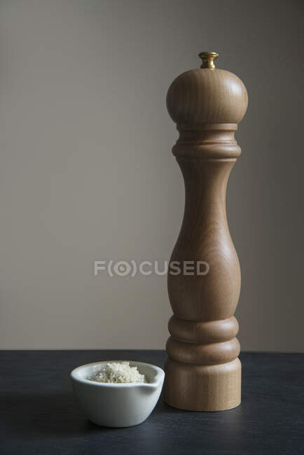 Sea salt and a wooden pepper mill — Stock Photo