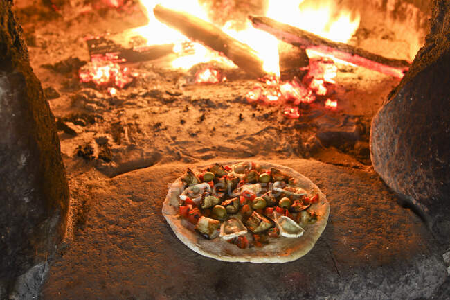 Pizza di melanzane con funghi, olive, peperoncino, cipolla rossa e formaggio di capra — Foto stock