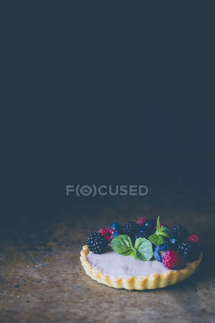 Un pastel de bayas con menta contra una superficie oscura - foto de stock