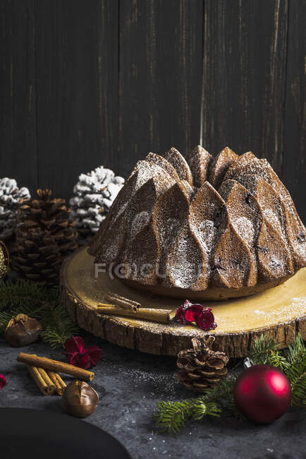 Рождественский каштан и шоколадный торт на коре дерева диск — стоковое фото