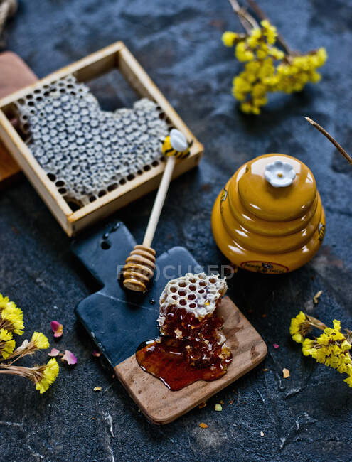 Honeycomb and a honey dipper — Stock Photo