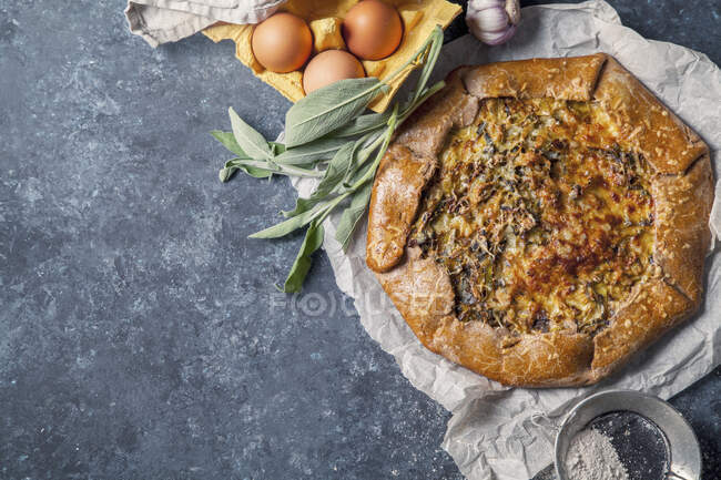 French styled leek and onion galette with sage and gruyere cheese — Stock Photo