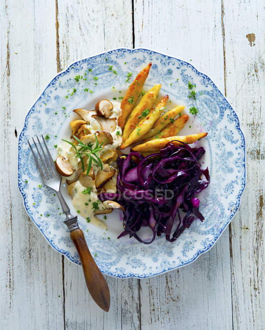 Dumplings with figs, red cabbage, and mushrooms — Stock Photo