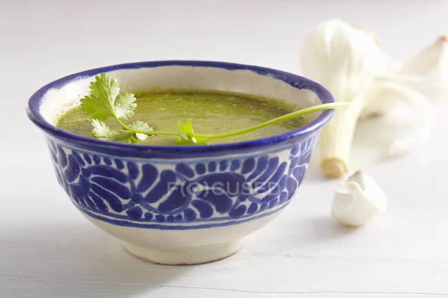Mojo de cilantro (salsa de cilantro frío con ajo, Islas Canarias)) - foto de stock