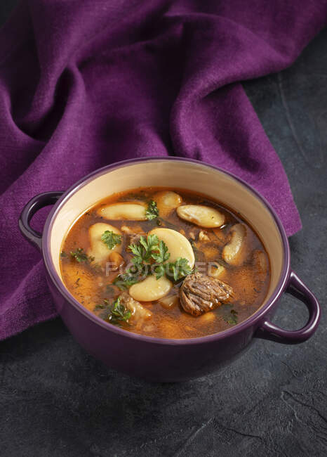 Beef and bean soup on purple background — Stock Photo