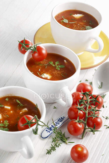 Vegetarian tomato soup with amaranth and fresh herbs — Stock Photo