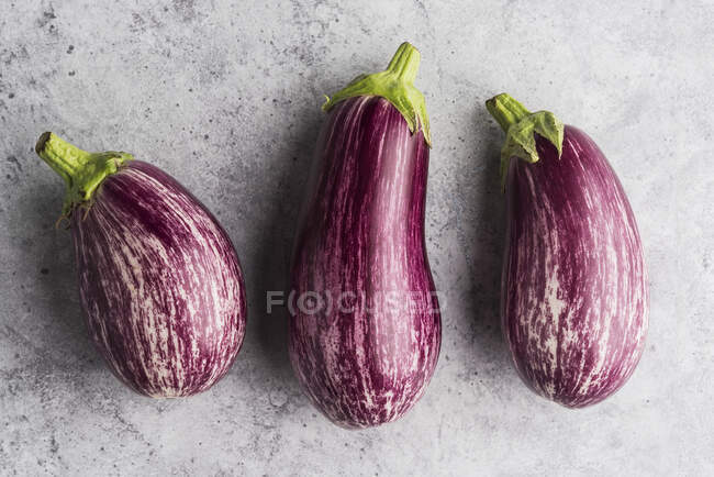 Fresh raw eggplants on grey background — Stock Photo
