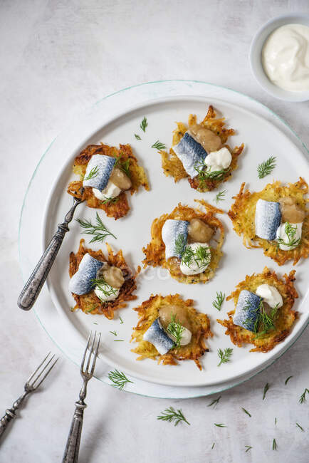 Potato latkes with pickled herring, apple sauce, sour cream and dill — Stock Photo