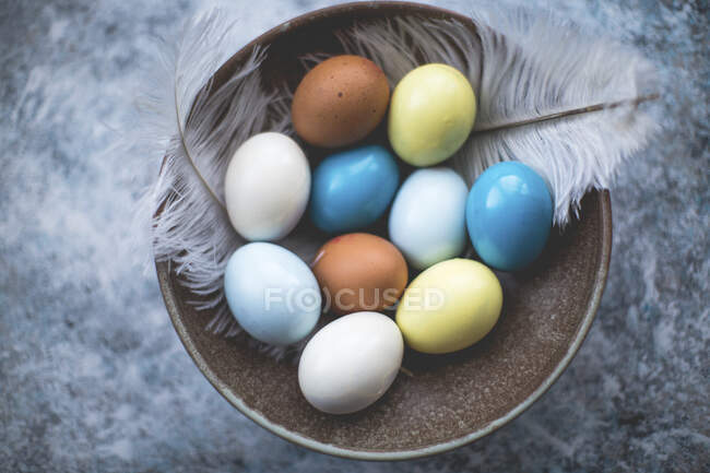 Huevos de Pascua en un nido sobre un fondo gris. - foto de stock