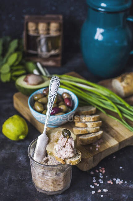 Terrine of pork and chicken with an apple in a jar — Stock Photo